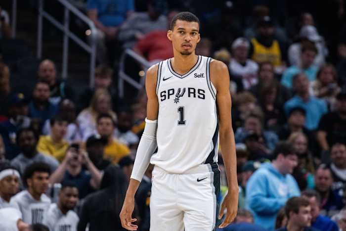 Nov 6, 2023; Indianapolis, Indiana, USA; San Antonio Spurs center Victor Wembanyama (1) in the first half against the Indiana Pacers at Gainbridge Fieldhouse.